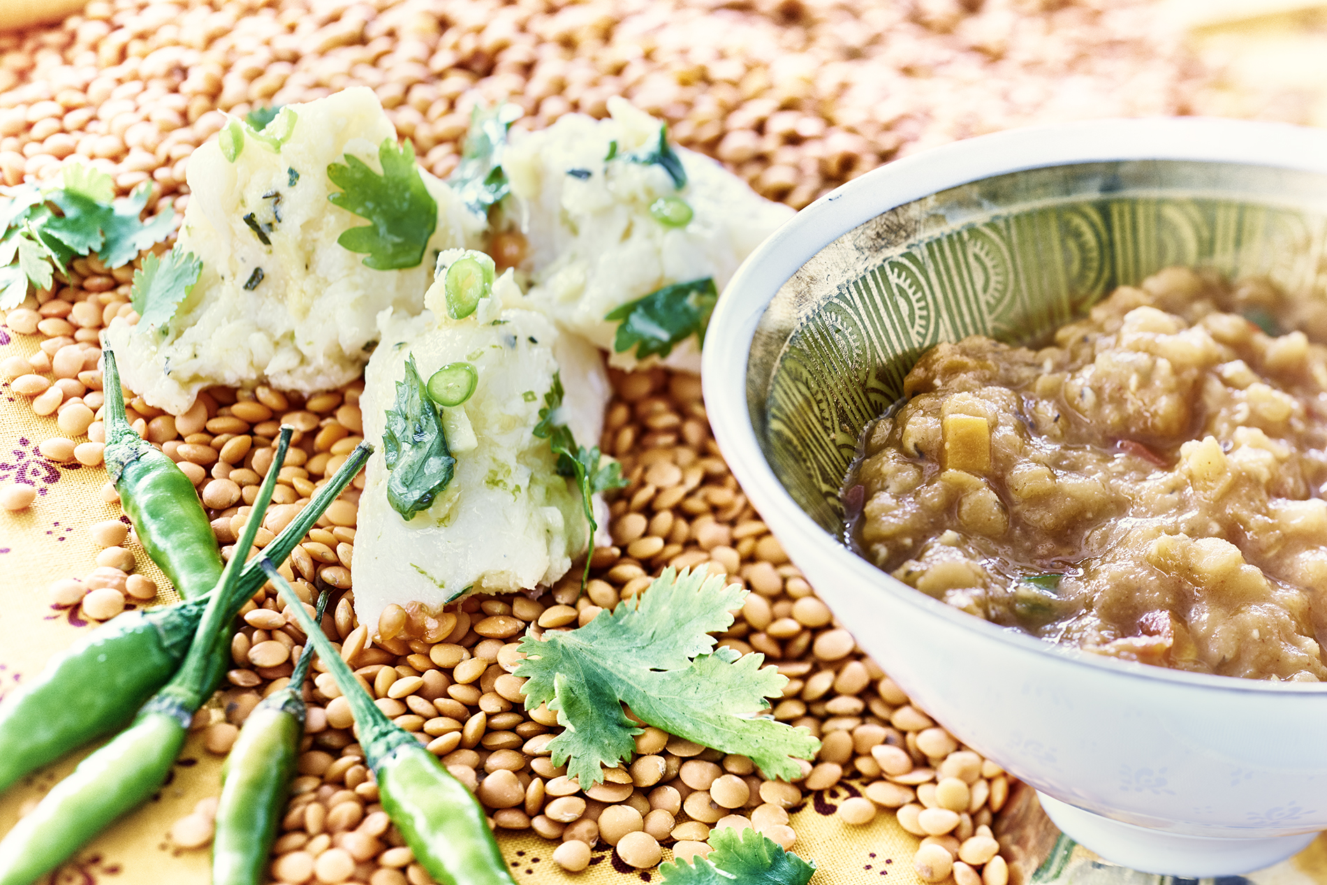 Diced fish with coriander and lentil dal