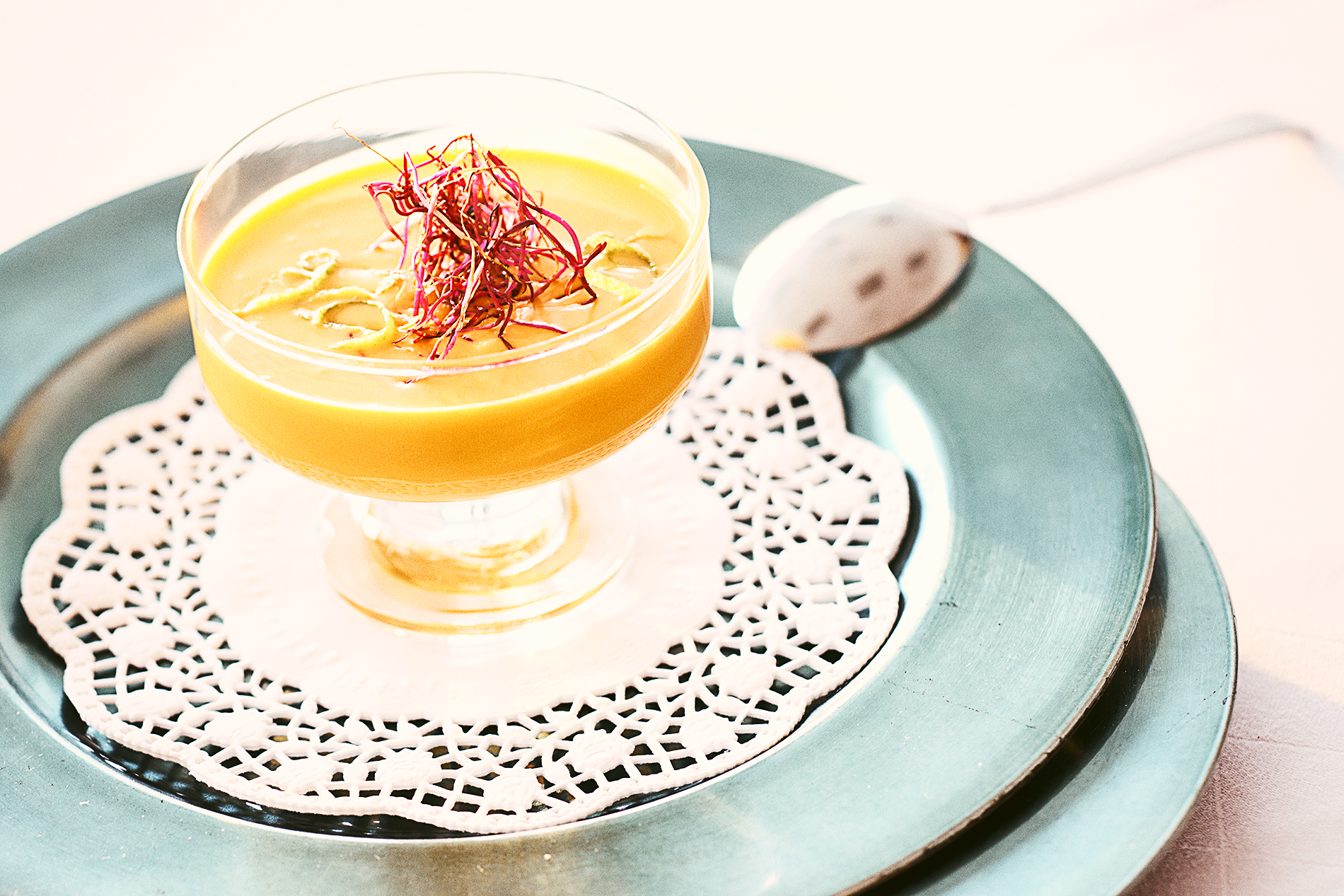 Mango and orange soup with coconut milk