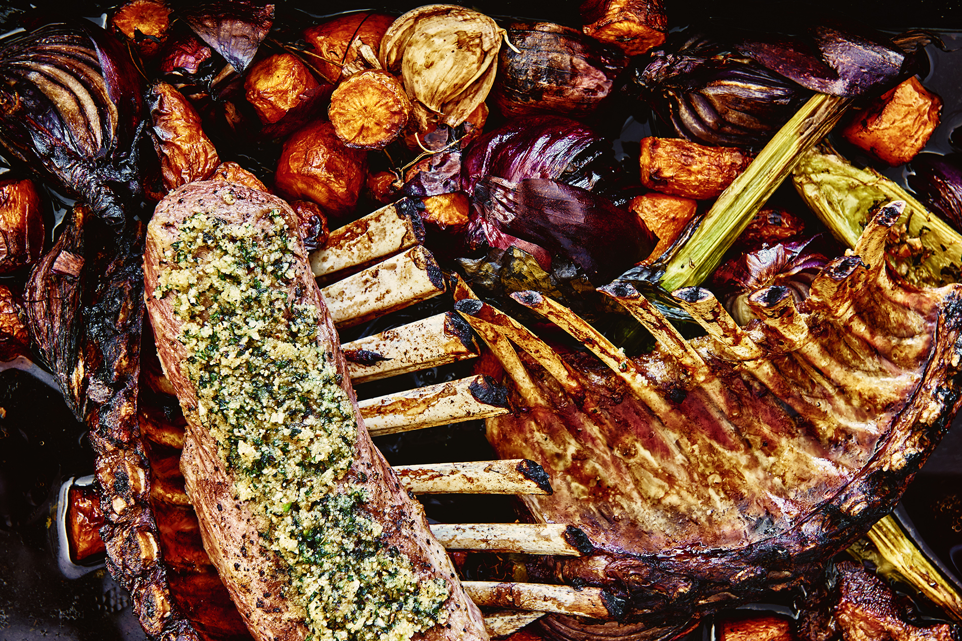 Rack of lamb with chili crust and cucumber dip