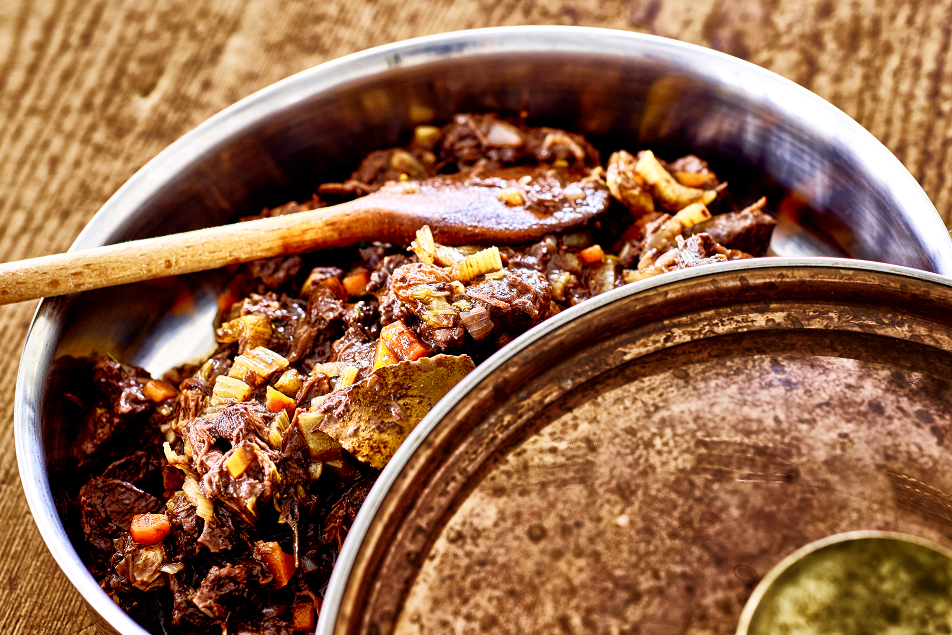 Venison ragout with red wine and chocolate sauce